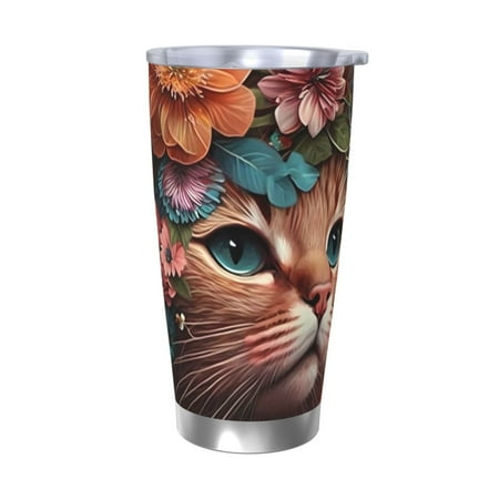 

Fuzoiu Flower Crown Cat Print 20oz Tumbler Stainless Steel Vacuum Insulated Car Cup Insulated Coffee Mug Travel Mug with Lid Thermal Cup for Outdoor-Without Straw