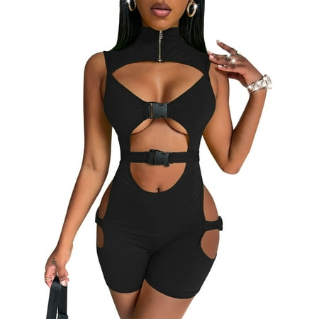 Women s High Neck Bodysuit  Sleeveless Buckle Cutout Short Jumpsuit