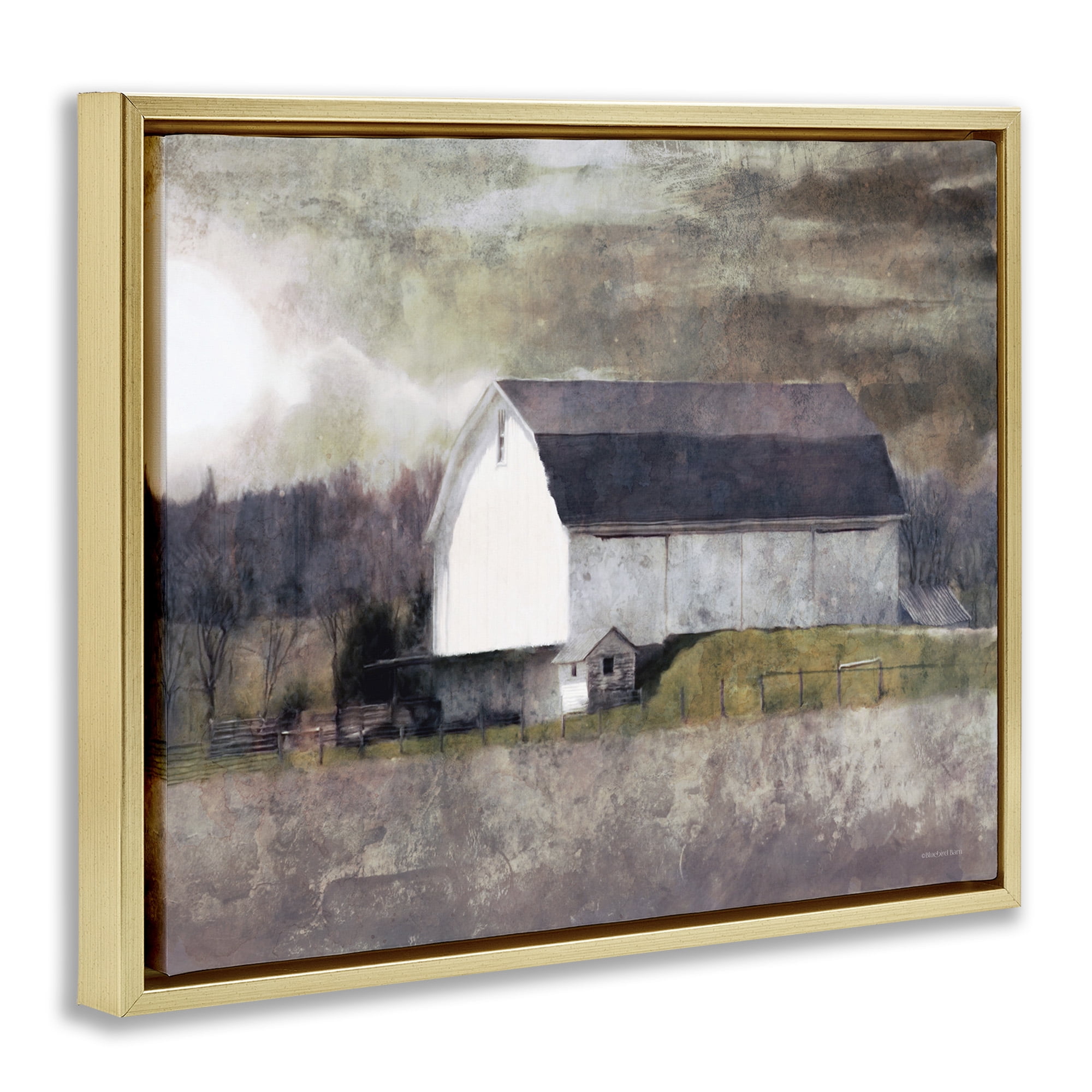 Stupell Industries Stormy Sky Country Farm Barn Landscape Painting Gold Floater Framed Canvas Art Print Wall Art, 21 x 17