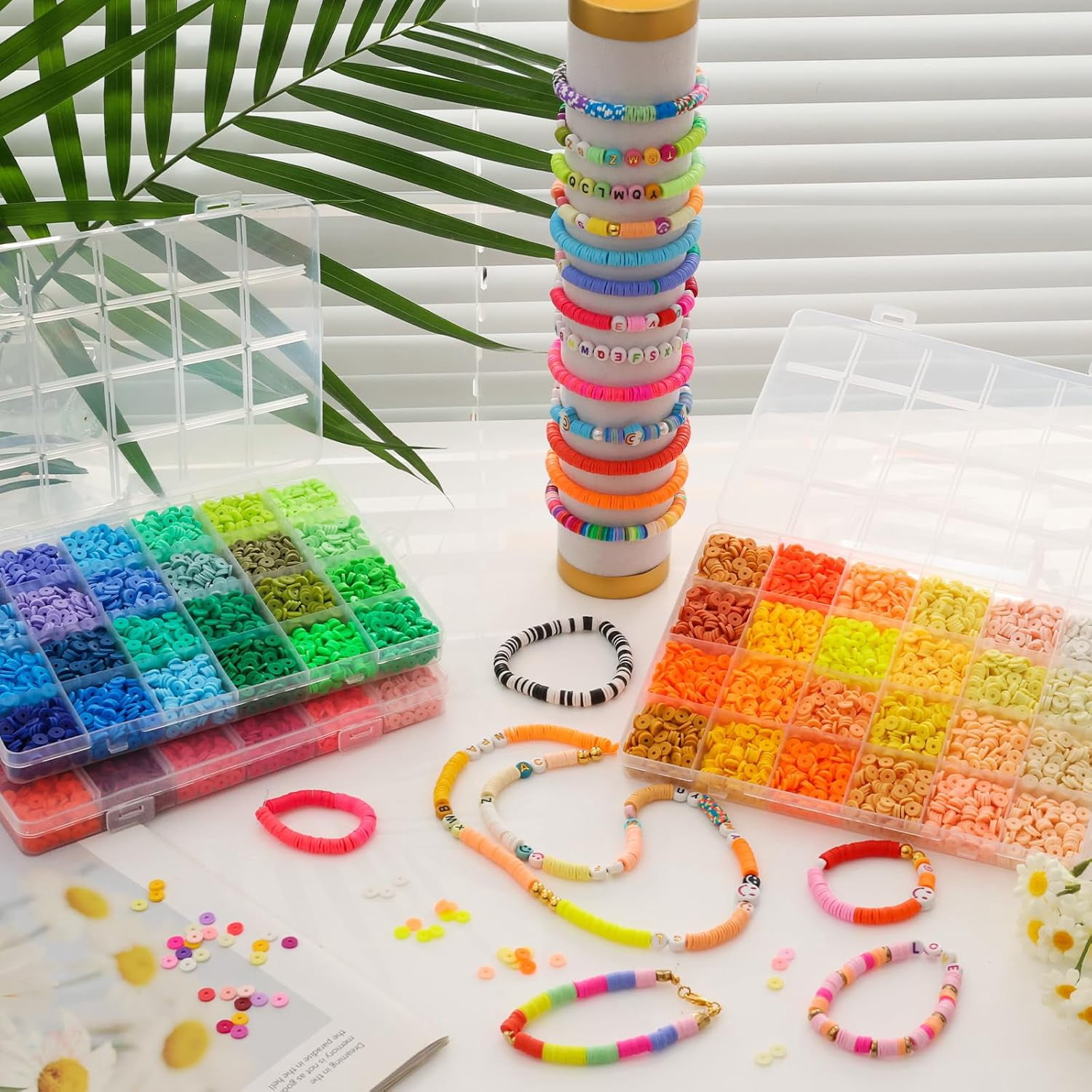 23000Pcs Clay Beads Bracelet Making Kit, 6Boxes 125Colors Friendship Polymer Beads and 5 Styles Letter Beads with Jewelry Making Accessories and 3 Rolls Crystal Cord for Crafts Christmas Gifts