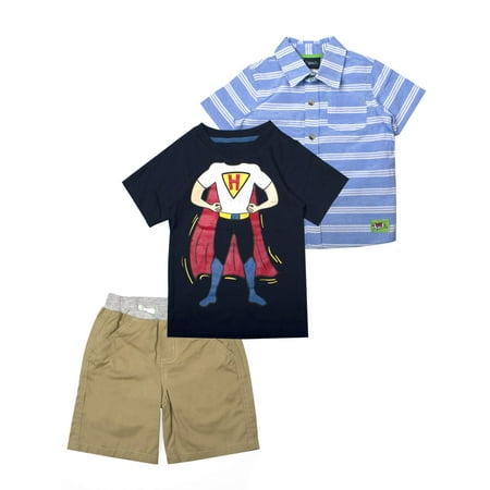 Superhero Button Down, Graphic Tee, and Shorts, 3pc Outfit Set (Toddler Boys)