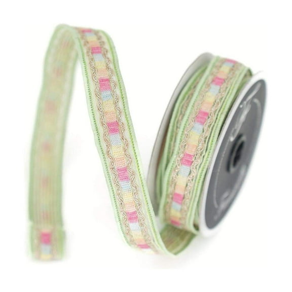 Farrisilk 1 Inch Pastel Border Ribbon, Green, 10 Yards