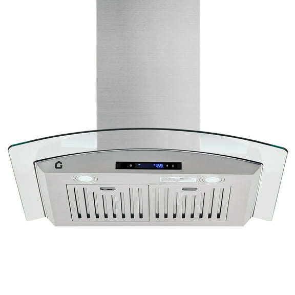 CazToi 30 Inch 450 CFM Wall Mount Range Hood Curved Glass Gesture Touch Control LED Timer Ducted Ductless Convertible
