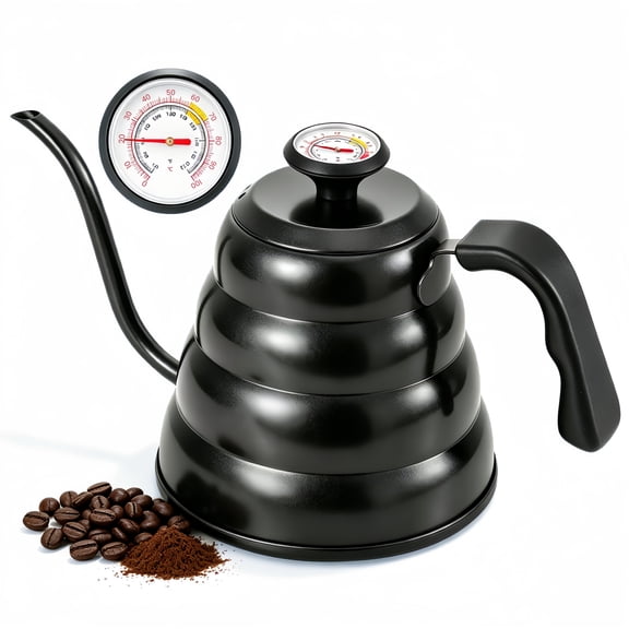 40 oz Gooseneck Kettle with Built-in Thermometer, Stainless Steel,Heat-Resistant Handle,Black