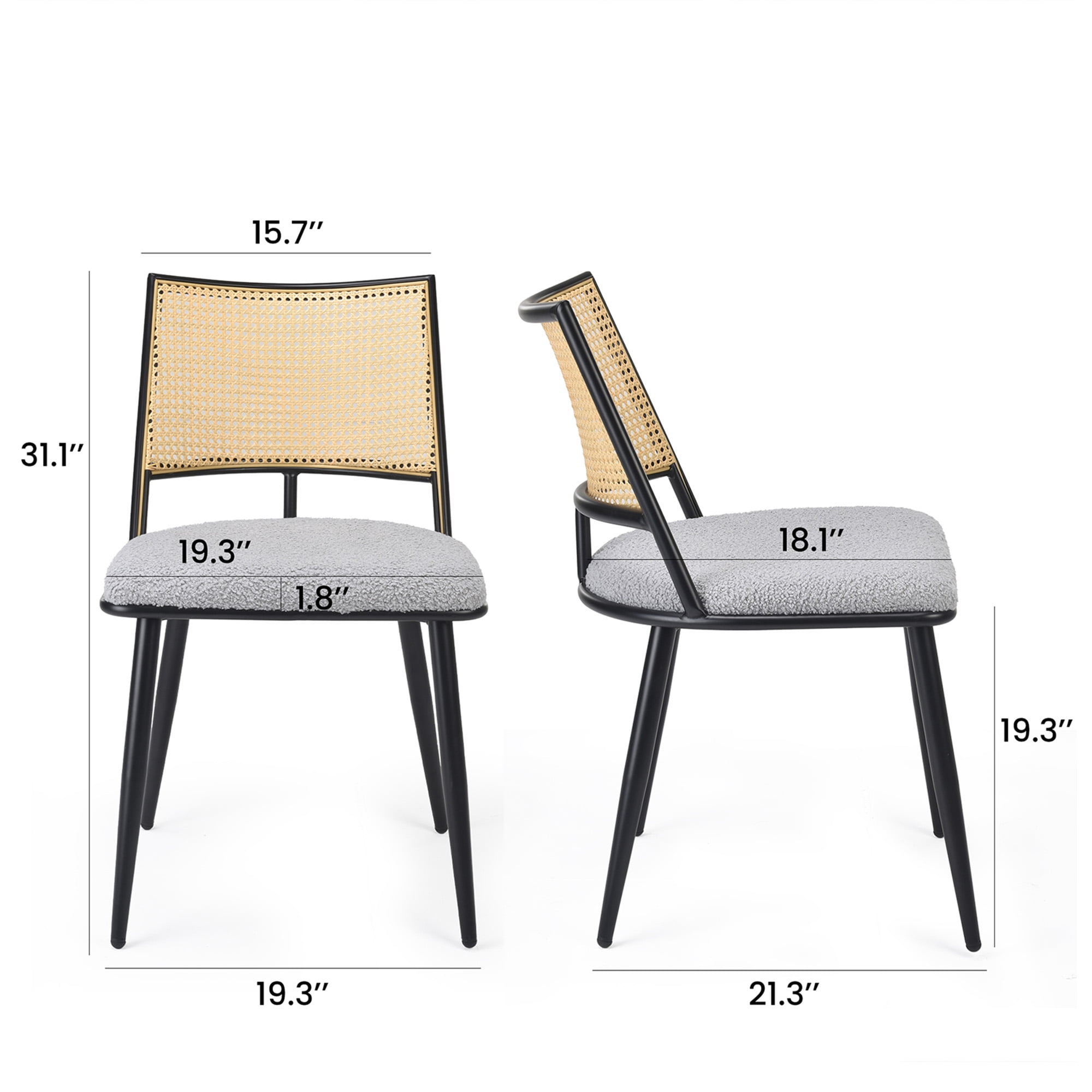 MAYEERTY Light Gray Dining Chairs Set of 2, Rattan Backrest, Metal Frame, Boucle Upholstery for Living Room