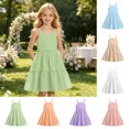 thumbnail image 6 of Kids Girl's Summer Sleeveless Loose Dress Square Neck Green A-Line Dress With Pleated Decoration And Elastic Waistband Layered Ruffle Kawaii Mid Long Summer Dresses For 9-10 Years, 6 of 6