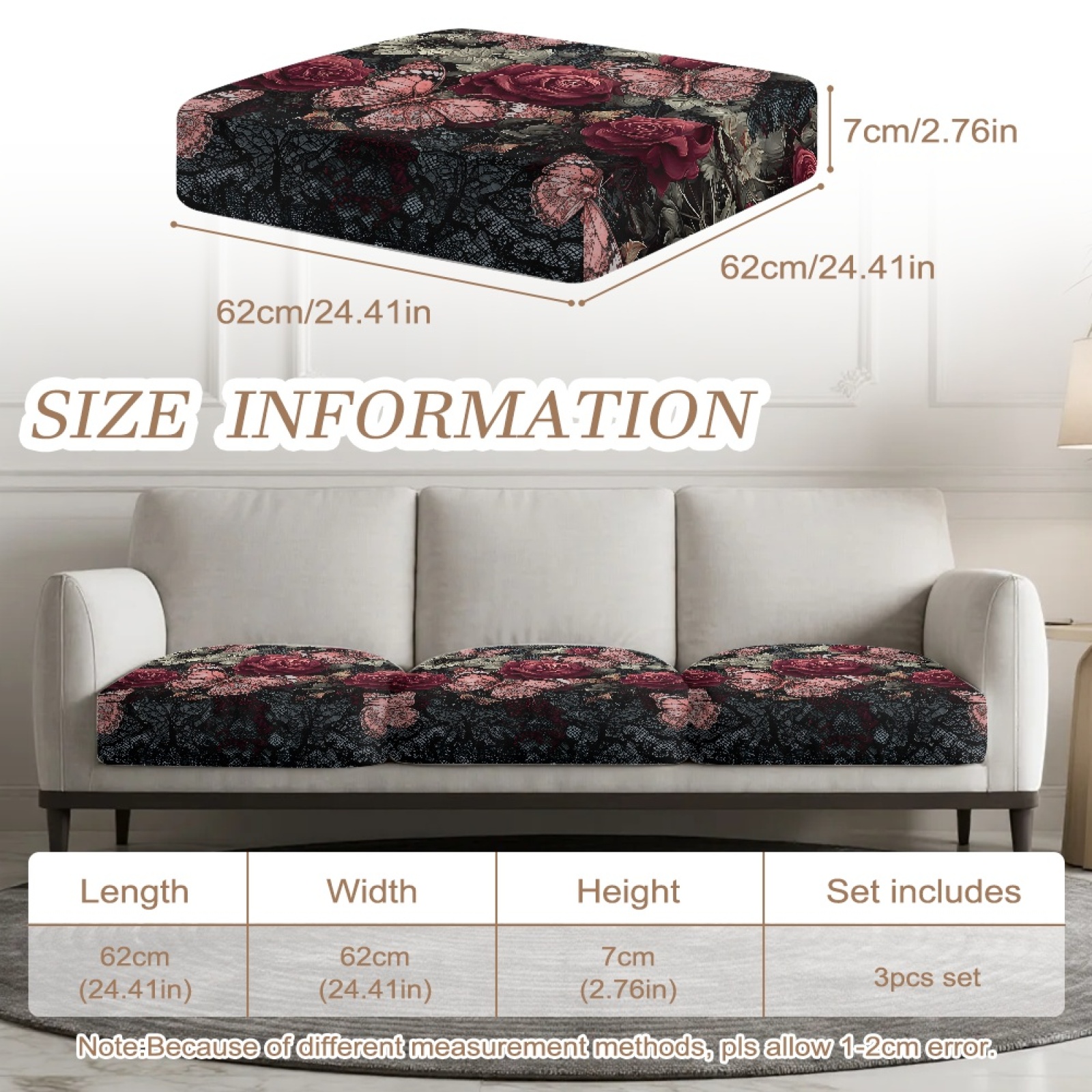 COEQINE Stretch Sofa Cover Fitted Individual Couch Cushion Cover Patterned Seat Cushion Slipcover Pet Sofa Slipcover Replacement for Living Room, 3 Pack, Pink Butterfly Rose