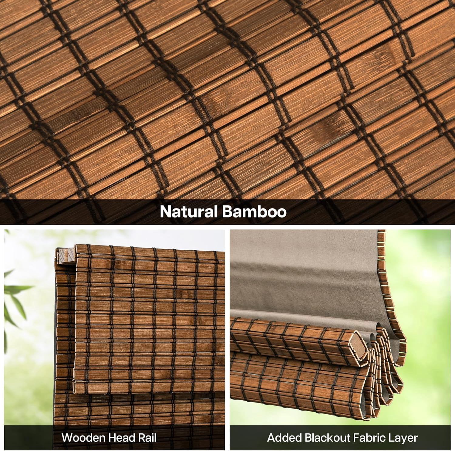 LazBlinds Cordless Blackout Bamboo Roman Shades, Room Darkening Blinds for Interior Windows, Thermal Insulated Roll Up Bamboo Blinds for Home & Patio, 20" W x 64" H, Penang Teak