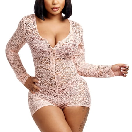 

Musuos Women Sexy Lace Lingerie Adults See-through Floral Long Sleeve U-shaped Neck Playsuit