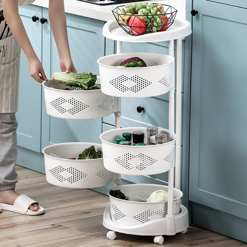 5 Layer Rotating Fruit and Vegetable Baskets - Storage Basket Kitchen Rotating Organizer Rack Fruit Vegetable Storage Rack W/ Wheels