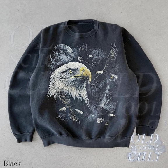 Bald Eagle Vintage Sweatshirt Moon Graphic Crewneck, Retro 90s Wildlife Pullover, Unisex Black USA Patriotic Sweater