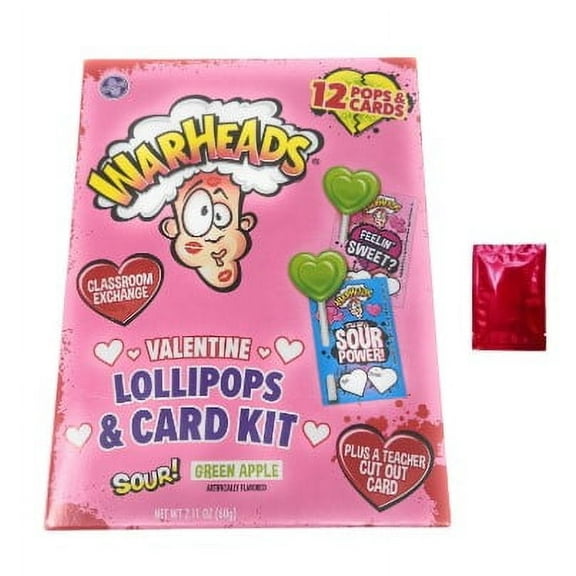 Warheads Valentine’s Day Lollipops and Cards Exchange Kit | Individually Wrapped Green Apple Flavored Lollipops (12 Pops & Cards)   Bonus Teacher Card - Includes: Canzonet Pennette