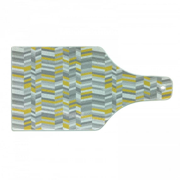Grey and Yellow Cutting Board, Geometric Vintage 60s Home Pattern Inspired Herringbone Zig Zag Lines, Decorative Tempered Glass Cutting and Serving Board, Wine Bottle Shape, Grey Yellow, by Ambesonne