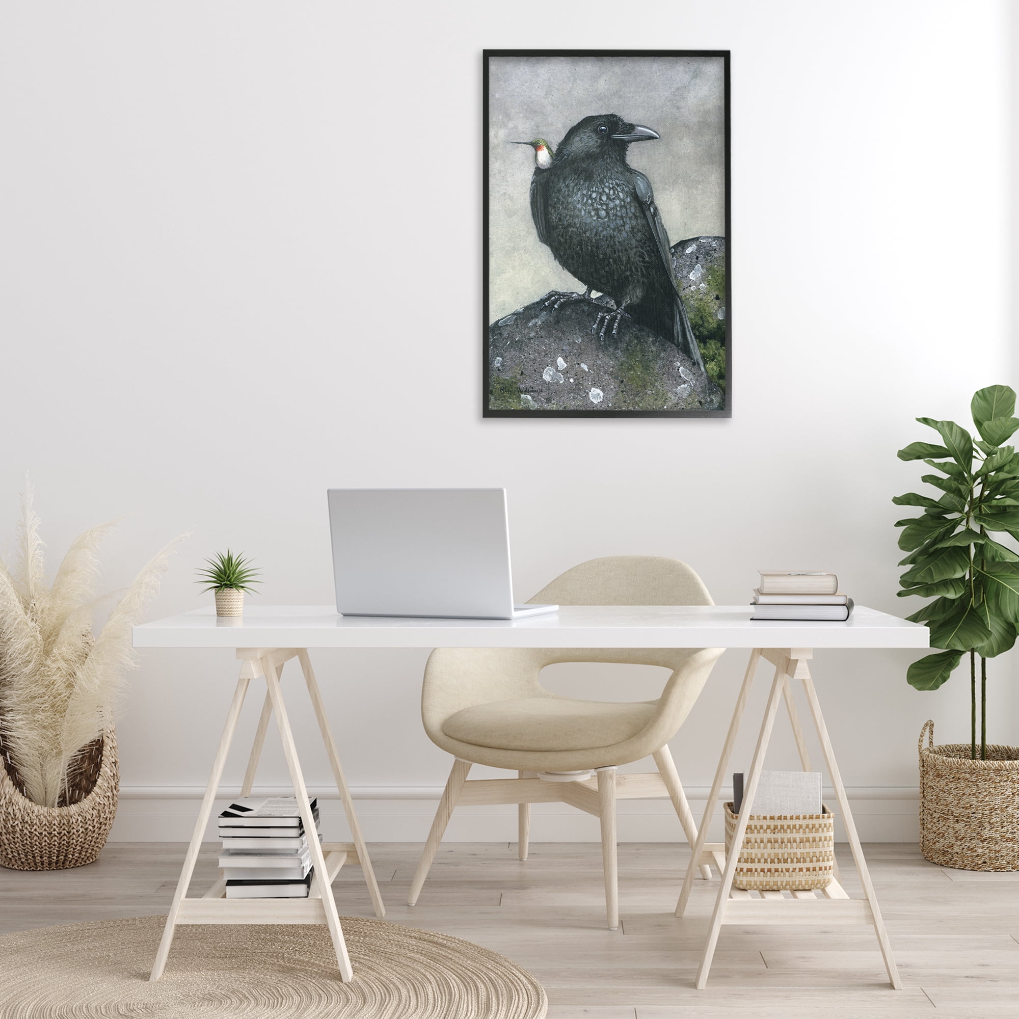 Stupell Industries Crow & Hummingbird Perched Animals & Insects Painting Black Framed Art Print Wall Art, 20 x 30