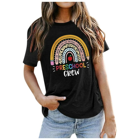 Shwomsmer Womens T Shirts Women's Casual Teacher School Letter Printing Crew Neck Short Sleeve T Shirt Top Large Women T Shirts