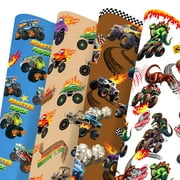 GLURUITE Monster Truck PresNok Wrapping Paper 8pcs Monster Truck Birthday Decorations with Cartoon Truck Dinosaur Hot Wheels Patterns for Birthday Gifts, Themed Party and Holiday