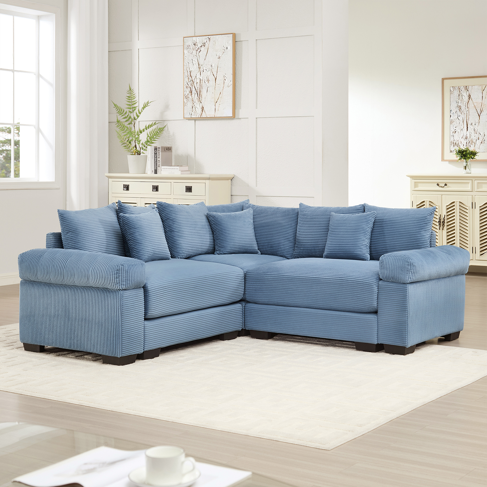 79" Modern Corduroy Sectional Couches for Living Room, Comfortable Corner Couch Sofa, Blue 2 Seater Corner Couch for Flexible Layout, Muebles para la Sala, Oversized Sofa Set