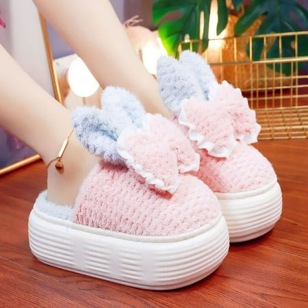 

QWZNDZGR 2023 White High Heels Plaform Slippers Women Girls Sweet Bowknot House Shoes Woman Fluffy Slippers Female Winter Home Mule Shoes