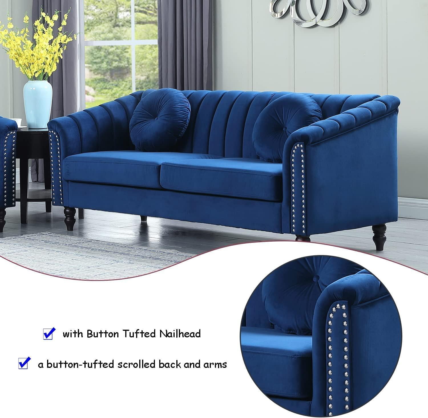 Gewnee Chesterfield Velvet Sofa Couch with Nailhead Trim and 2 Pillows for Living Room,Blue