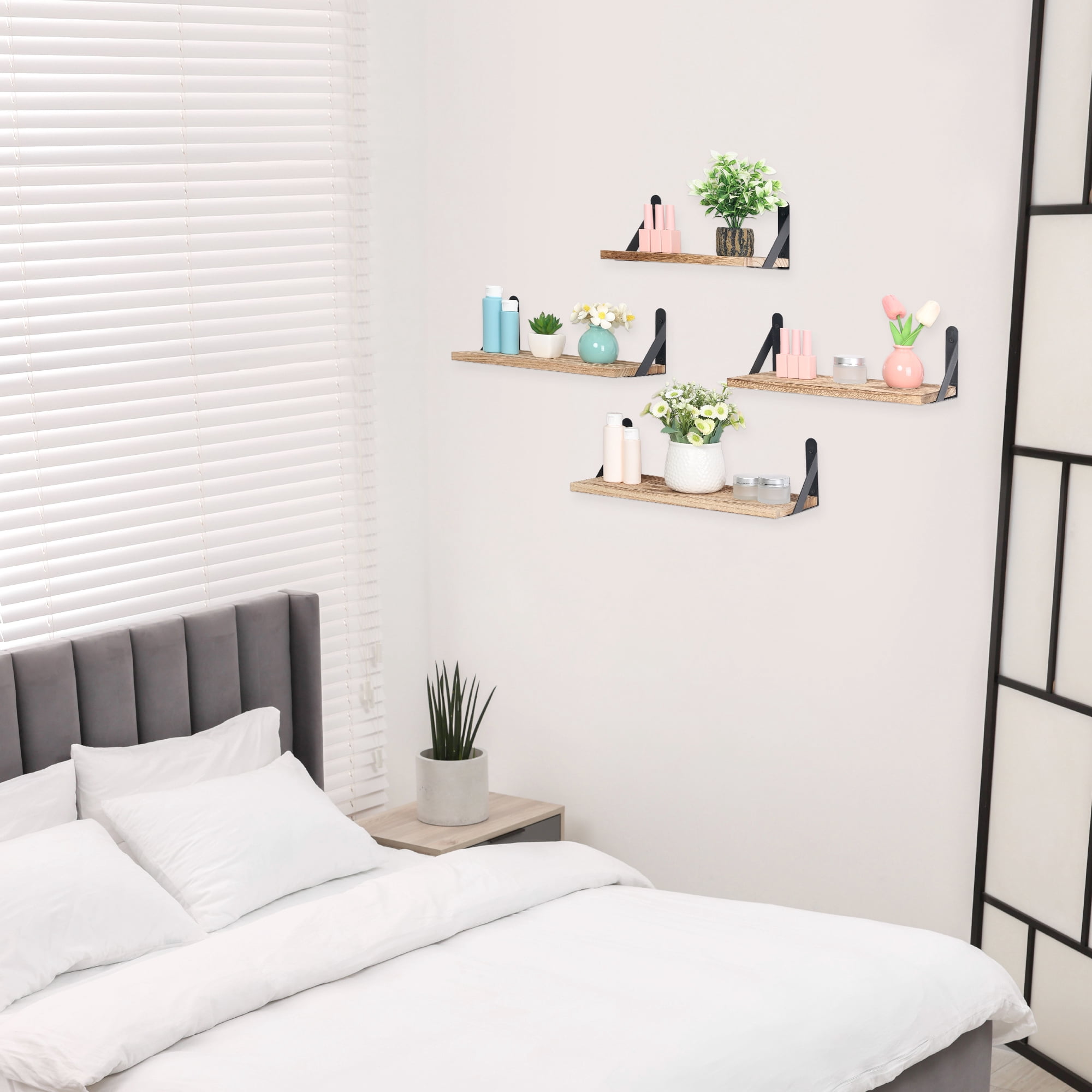 REGALWOVEN 4 Pack Wood Floating Shelves, Wall Mounted Shelves for Bathroom Bedroom Living Room, and Kitchen Brown 16.5*6.1in