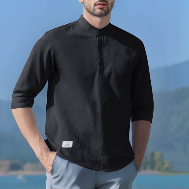 pstuiky Mangas cortas para hombre, Camisa informal de lino con botones, manga tres cuartos y cuello alto para hombre, color liso camisas casuales para hombre s
