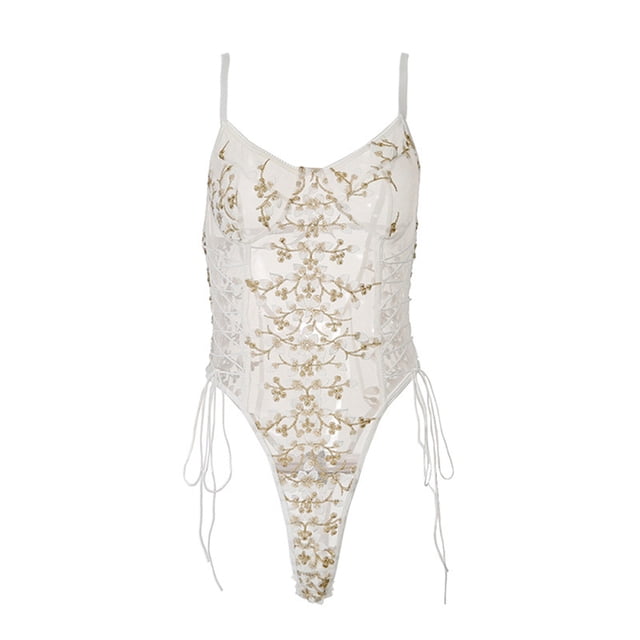 Body de lencería de peluche bordado floral con cordones sexy Top de malla transparente de una pieza