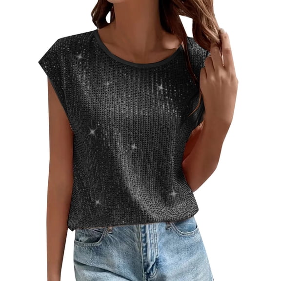 XIYON Women T Shirts Solid Color Sequin Crew Neck Tank Top And Party Wear Womens Tops Casual Comfortable