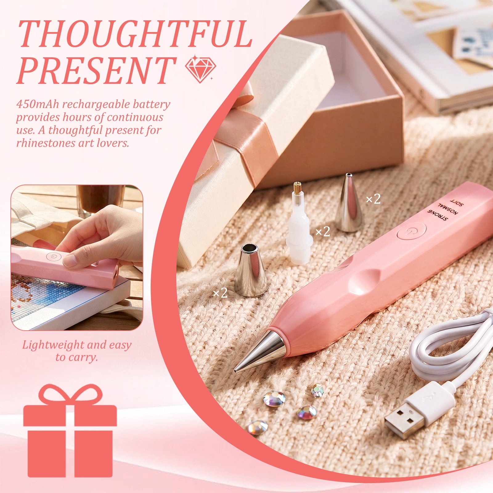 Electric Diamond Painting Pen with 4 Drill Nibs, Rechargeable Vacuum Rhinestone Art Pen Kit – Multipurpose Portable Tool for Adults DIY