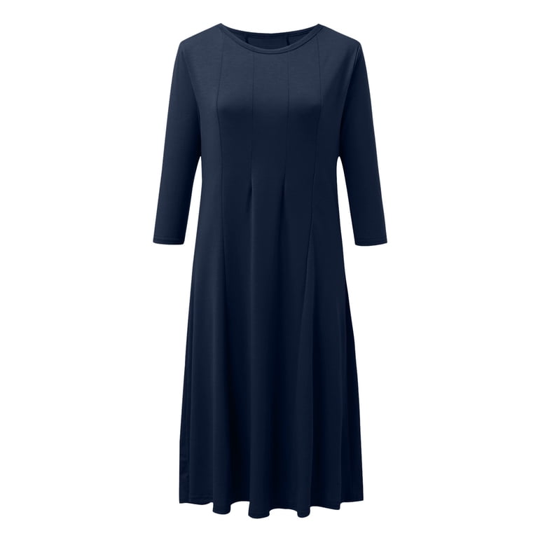 WTXUE Long Sleeve Dress, Women's Casual Solid Dress Round Neck Long Sleeve  Mid Calf Swing Dress, Navy Blue Dress for Women, Navy XL - Walmart.com
