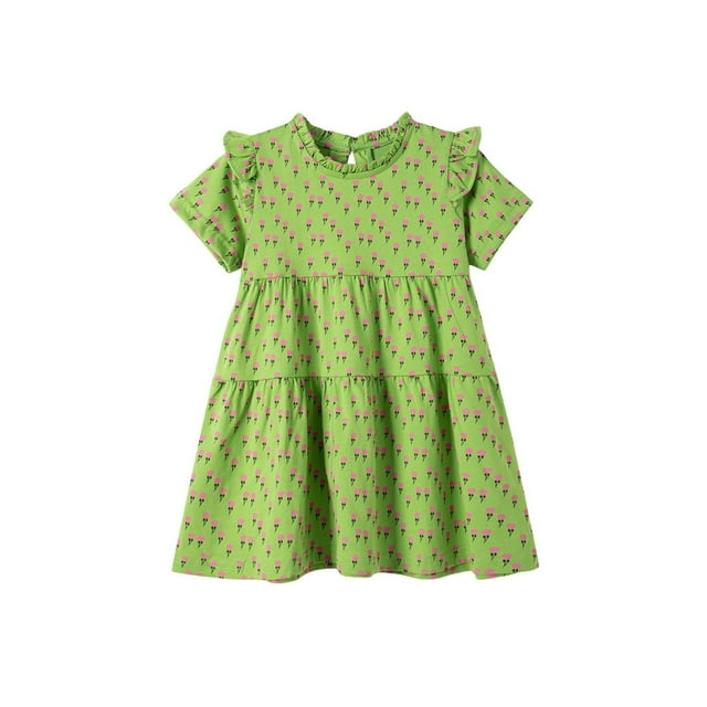 Robe Fille Enfants Tout-Petits Filles Été Coton Dentelle Robe Manches Courtes à Volants Robe Midi Décontractée Robe Ado Fille Vert 2 Ans-3 Ans
