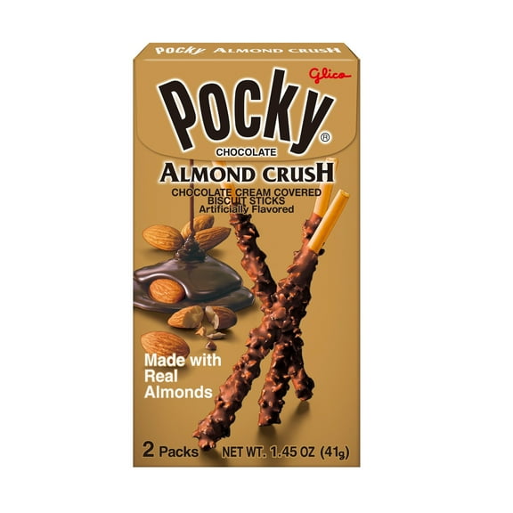 Pack of 2 Glico Pocky Almond Crush Chocolate Cream-Covered Biscuit Sticks Snack Packs, 2 ct (Package May Vary)