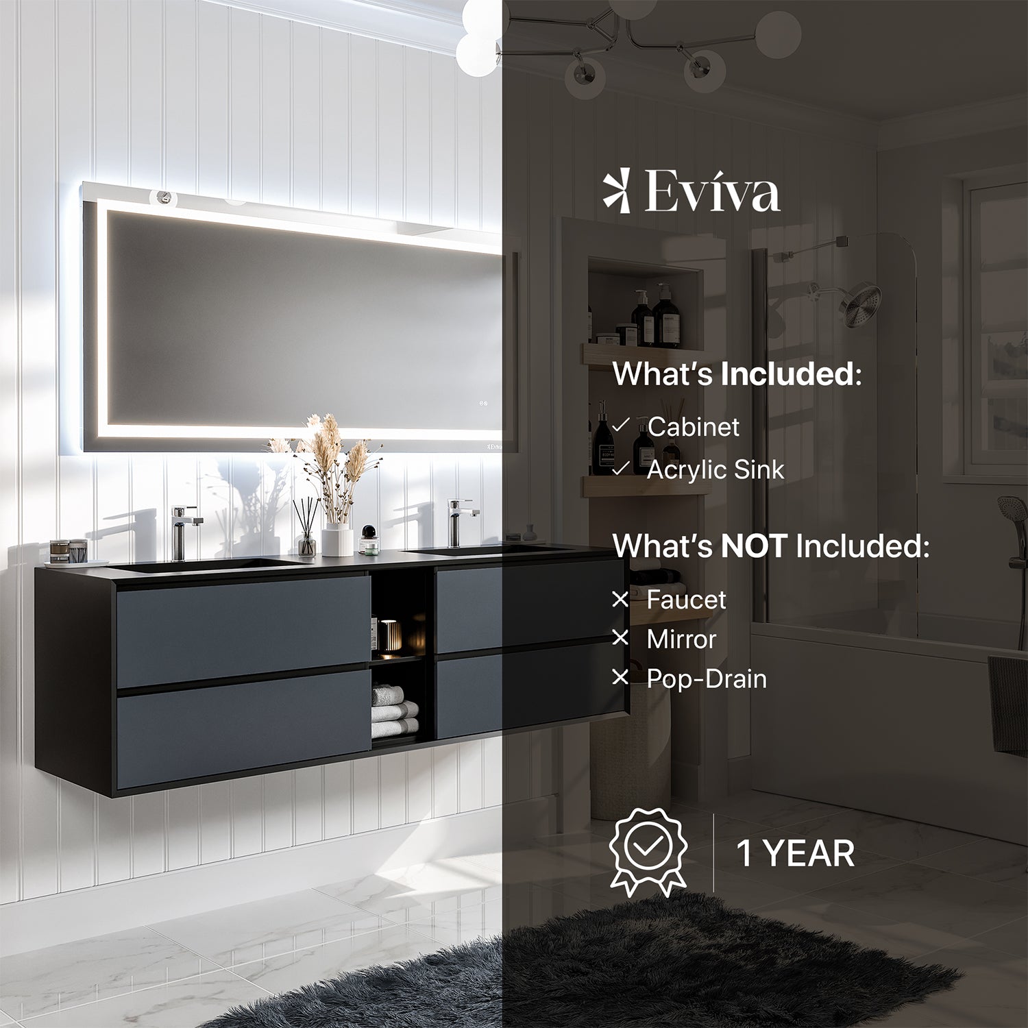 Eviva Vienna 75 inch Gray Black Wall Mount Bathroom Vanity with White Integrated Acrylic Sinks
