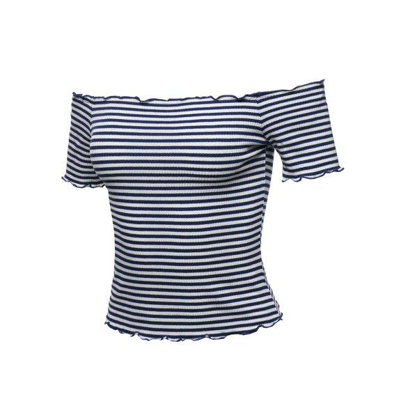 Women's Casual Stripes Lettuce Hem Ribbed Off-Shoulder Crop Top