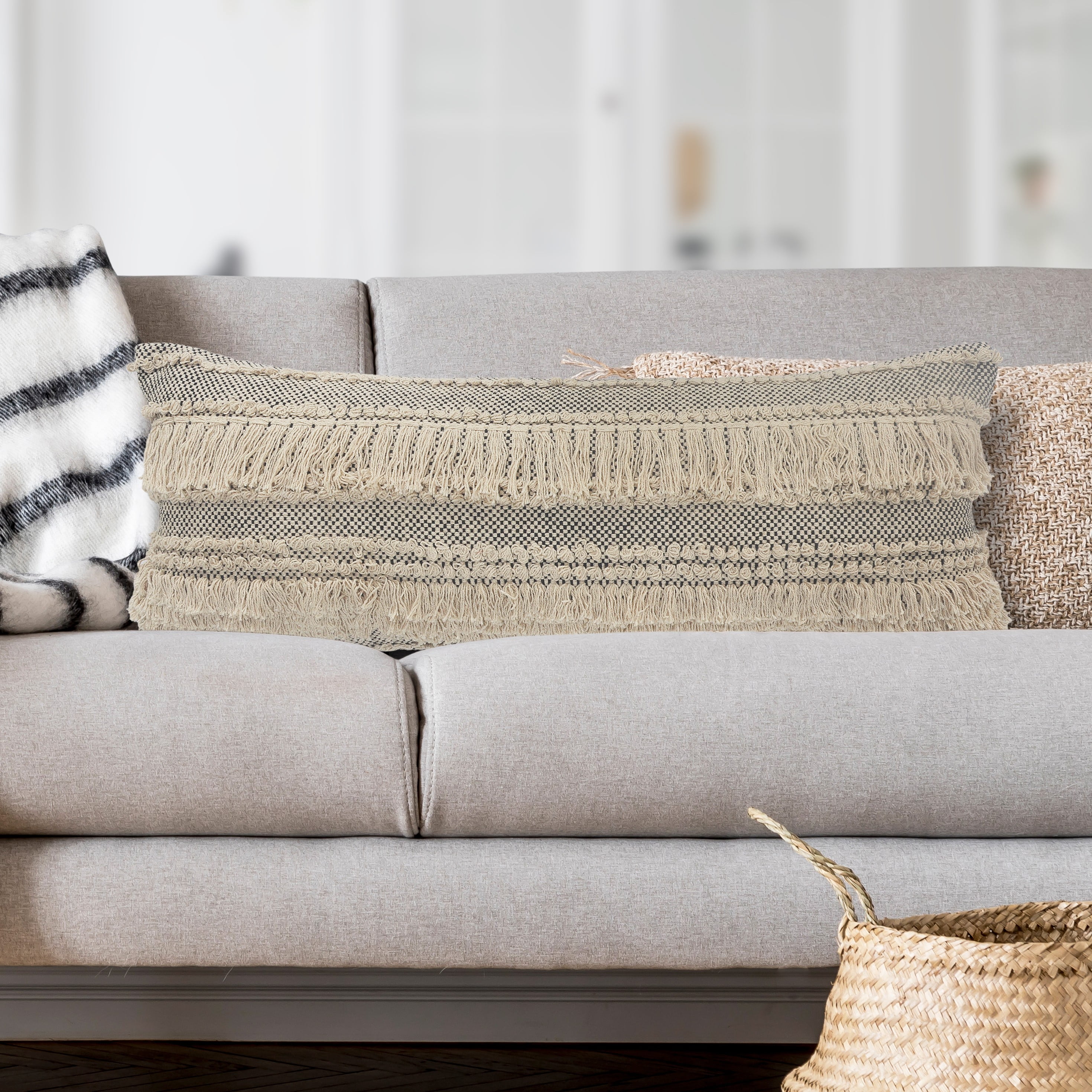 LR Home Elia Natural/Black Striped Cotton Fringed Adult Decorative Lumbar Pillow