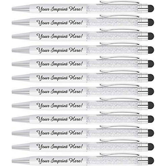 Personalized Crystal Pens with Stylus - Metal Gem Pen - Custom Metallic Printed Name Pens with Black Ink - Imprinted with Message | Great for Her | 12 pcs/pack (White)