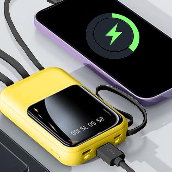 10000mAh Compact Portable Power Bank (Built-In 3 Cables) – Digital Display 4-Device Fast Charger | Lightweight Keychain Mobile Power with LED Emergency Light