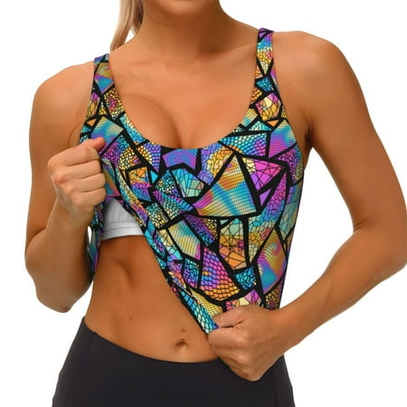 Qokaie Colored Glass1 Pattern Womens Scoop Neck Sports Bra Breathable Workout Vest Padded U Back Medium Impact Fitness Gym Yoga Bra Workout Crop Top