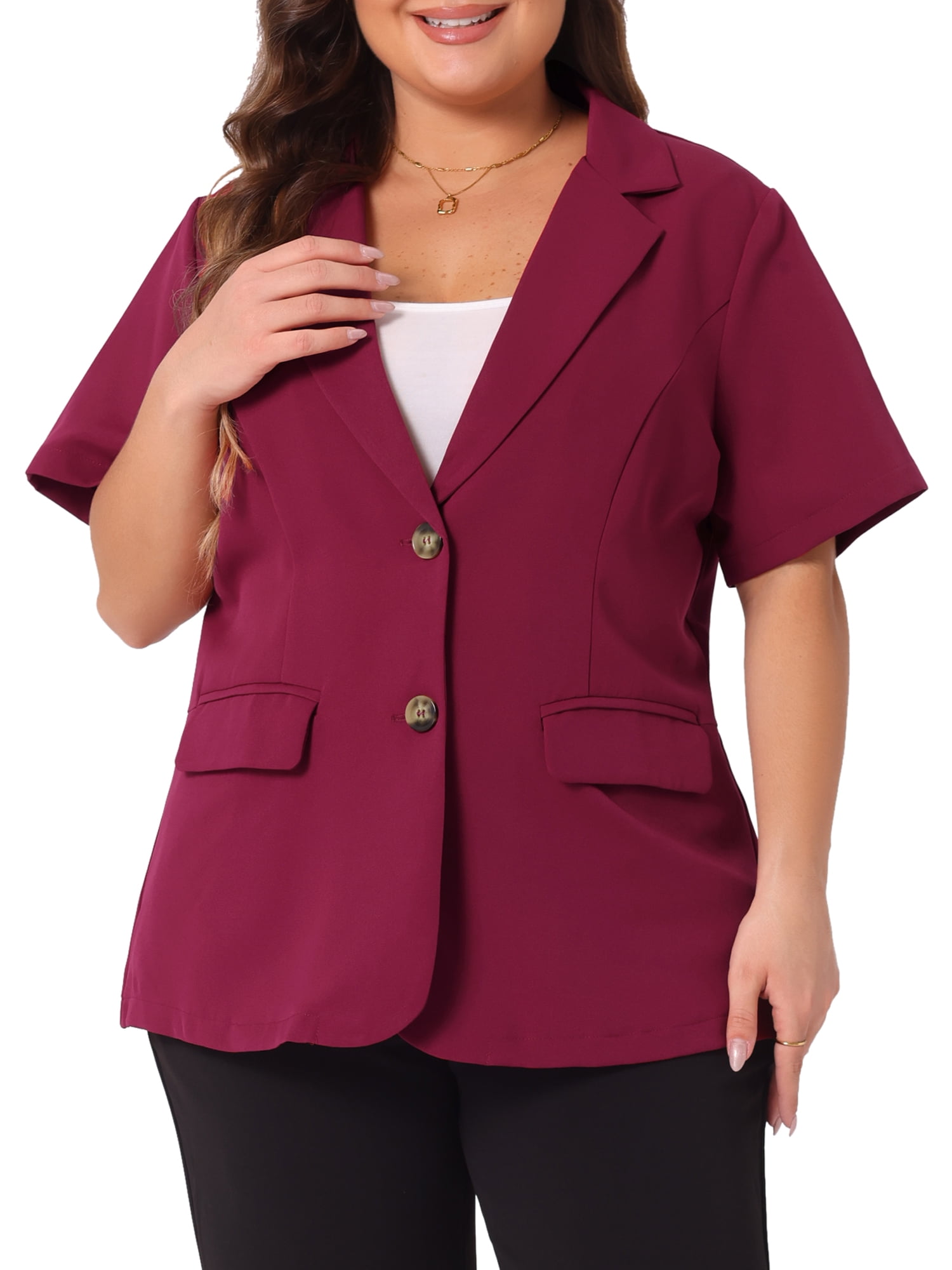 DARING DIVA Women's Plus Casual Blazers Short Sleeve Notched Lapel Blazer 1X Burgundy