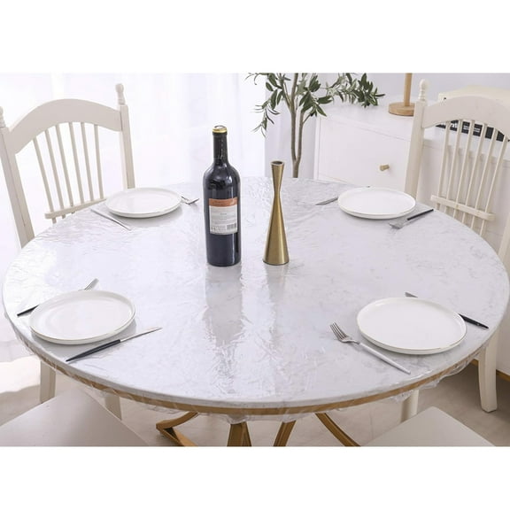 Round Waterproof Table Cover Elastic Tablecloth Vinyl Fitted Table Cover Elastic Edged Plastic Table Cover Fits Tables up to 40"-44"  Clear