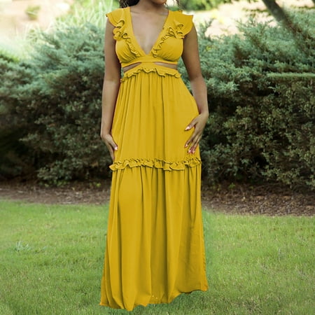 Usdian Graduation Dress V-Neck Sleeveless Tank Dresse Fit and Flare Dresses Summer Dresses for Women Floral Dresses Active Solid for Outdoor Yellow XXL Clearance Sales Today Deals Prime