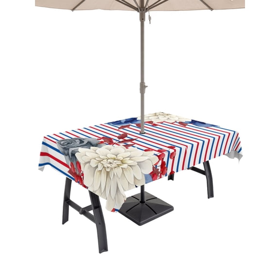 60x120 Inch Outdoor Tablecloth with Umbrella Hole Zipper Rectangle Independence Day Rectangular Tablecloths Waterproof White Blue Flowers Farm Stripes Retro Rustic Patio Table Cloth Cover for Picnic