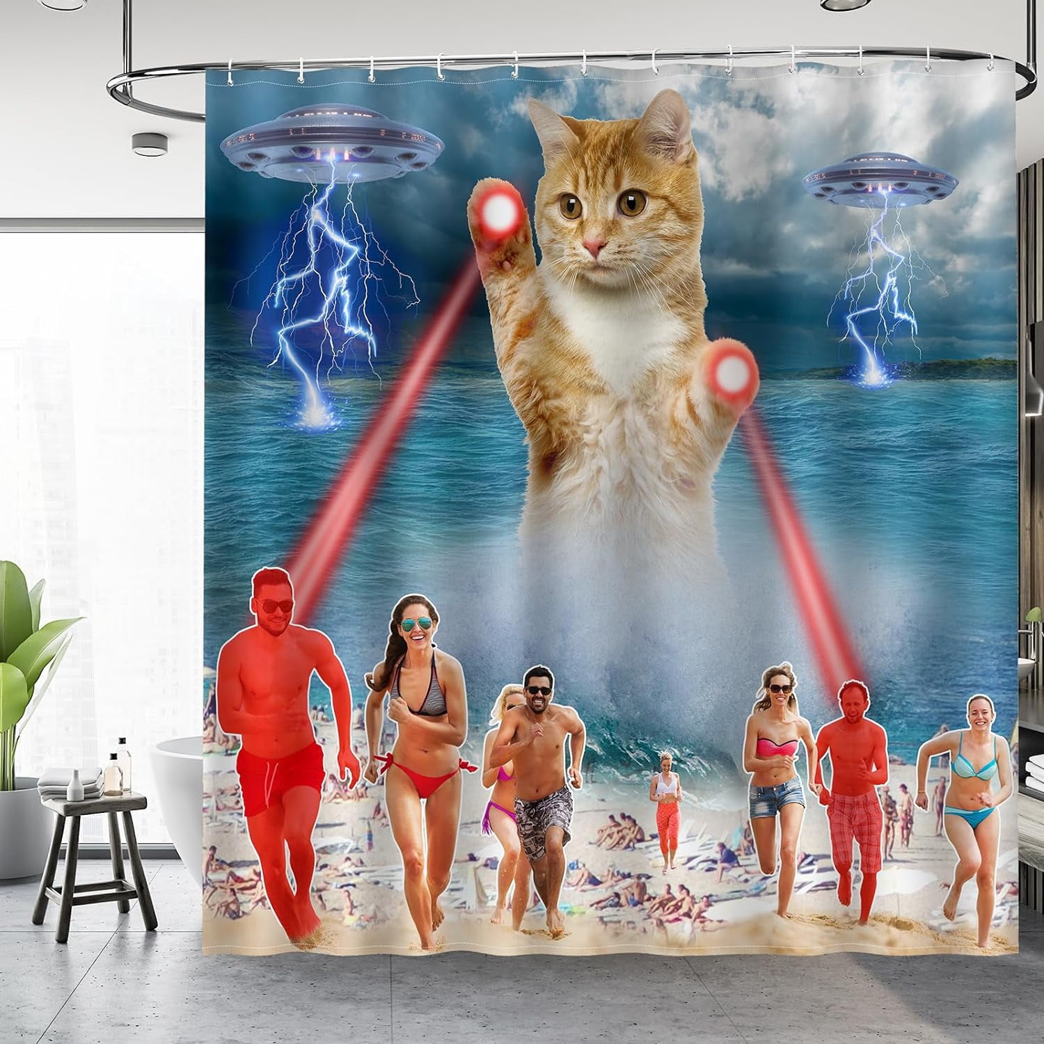 Funny Cat Shower Curtain - Outer Space Galaxy Design, Waterproof Fabric 72x72 Inches With Hooks