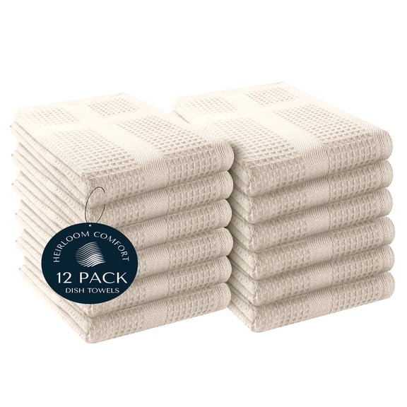 HEIRLOOM COMFORT Waffle Weave Kitchen Towels with Hanging Loop, 12 Pack, 100% Cotton , 16"x26", Super Absorbent, Fast Drying Dishcloth Set, Soft for Cleaning Dishes, Hand Towel, Durable, Ivory