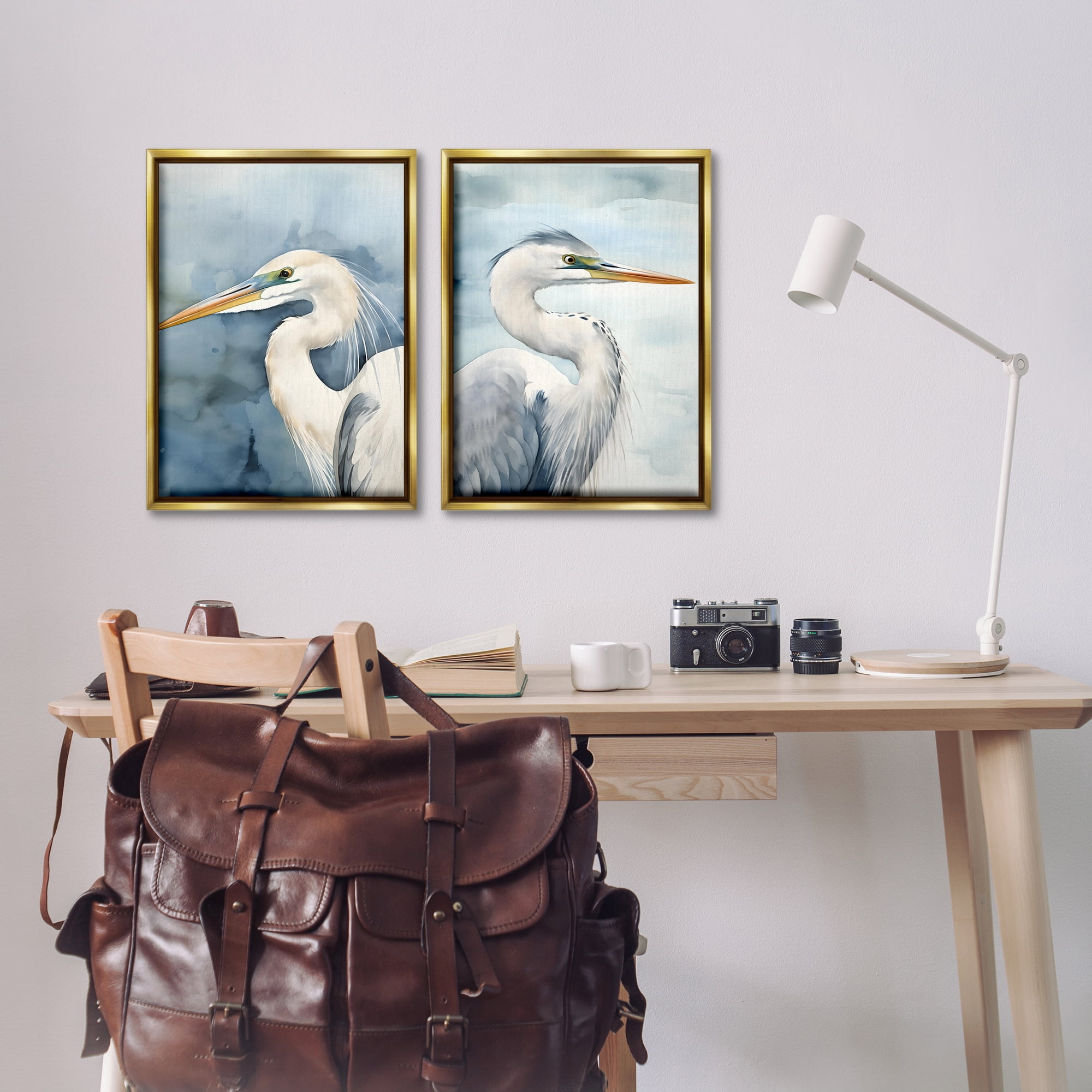 Stupell Industries Watercolor Detailed Beach Birds Animals Painting Gold Floater Framed Canvas Art Print Wall Art, 17 x 25, Set of 2