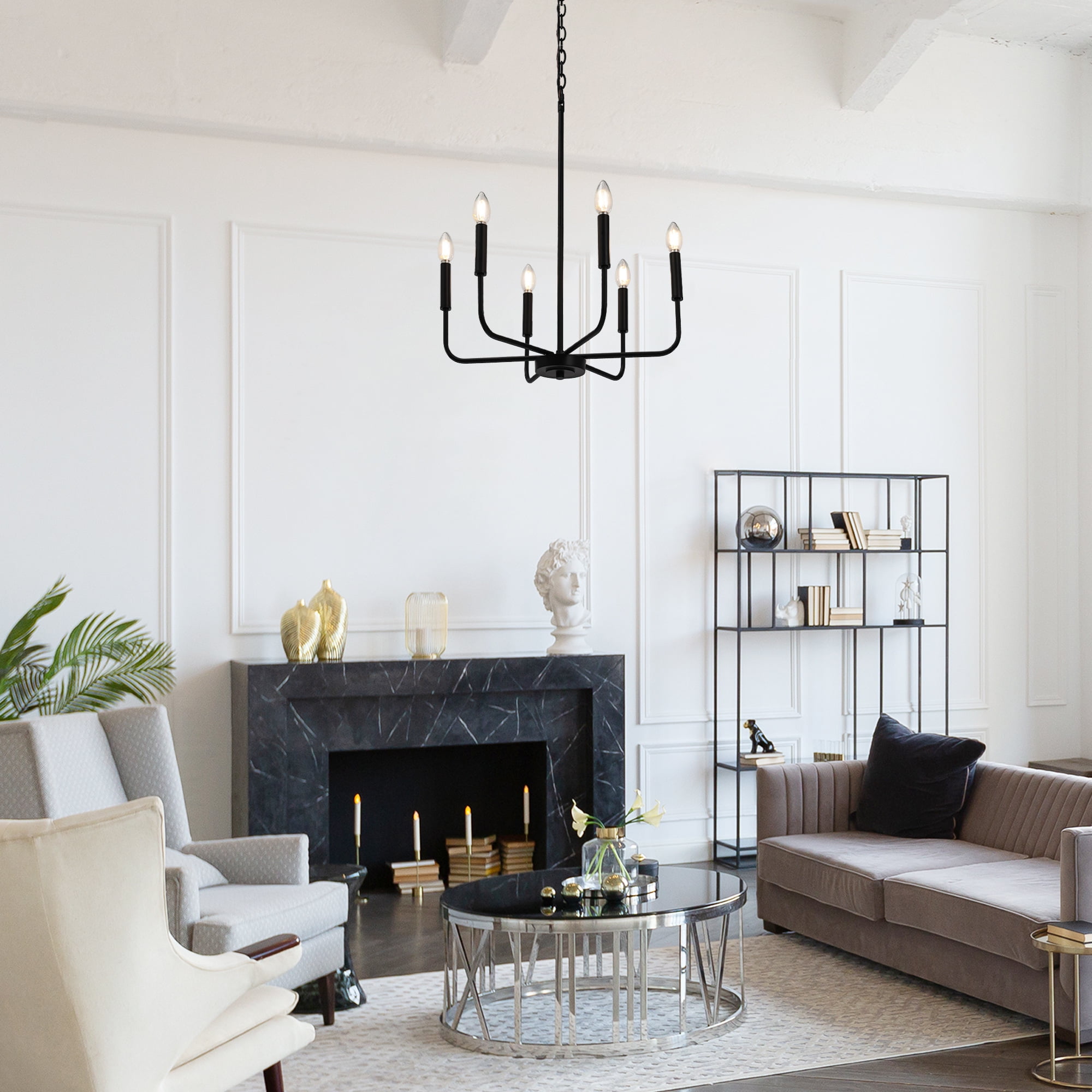 LNC Askrlessi 6-Light Matte Black Modern/Contemporary Led Bare Bulb Chandelier