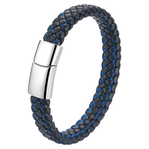 PAURO Leather Bracelets for Men Braided Magnetic Clasp Black Stainless Steel Personalized Statement Cool Simple Punk Jewelry Silver Buckle