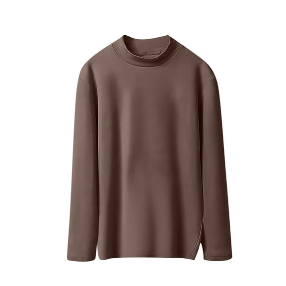 Arnsht (M-5XL) Plus Size Women's Fashion Solid Color Long Sleeve Round Neck Shirts Autumn and Winter Warm Top Basic Tee Brown XXL