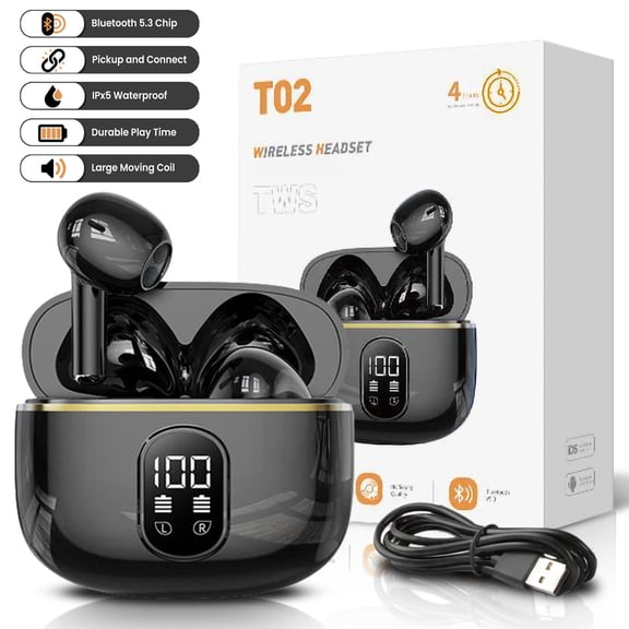 FungLam Bluetooth 5.3 Wireless Earbuds LED Display HiFi Sound IPX5 Waterproof Type-C