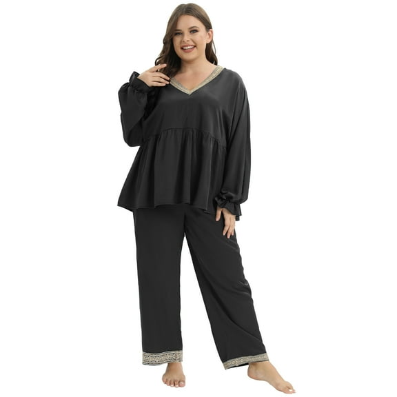 WBQ Women's Plus Size Pajamas Set Long Sleeve V Neck Ruffle Sleepwear Tops Long Pants 2 Piece Loungewear Pjs Set Vintage Sleepwear XL-4XL