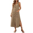 thumbnail image 4 of Eawtki Women's V Neck Sleeveless Maxi Dress Button Front With Side Slits Loose Fit Casual Linen Blend Summer Dress For Women, 4 of 7